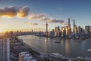 Paesaggio del Pudong Shanghai al tramonto